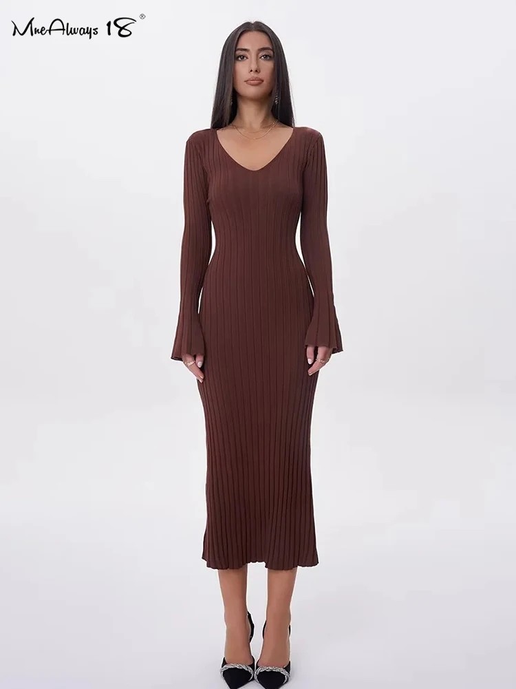 Mnealways18 V-Neck Ribbed Knitted Long Dresses Flare Sleeves Womens Lace-Up Midi Dress Solid Office Ladies Knitting Dress 2024