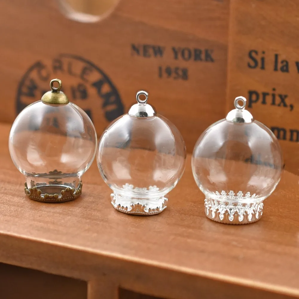 

5set 25*15mm Hollow Glass Globe With Setting Base Beads Cap Set Orb Glass Vials Pendant Glass Bottle Jewelry Pendant DIY Charms