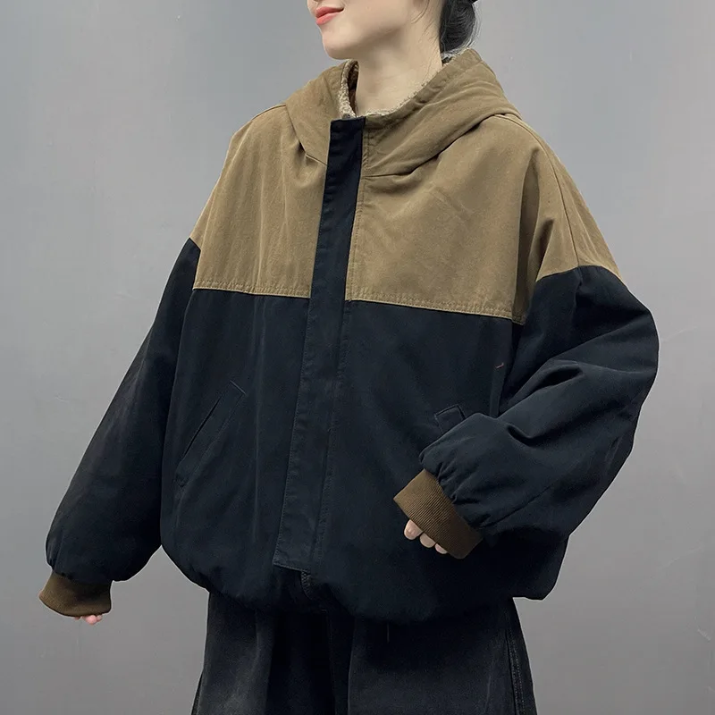 Masss Wasss 2025 Winter Women Fashion Reversible Design Fur Jackets Loose Warm Hooded Padded Coats Classic Casual Vintage Parkas