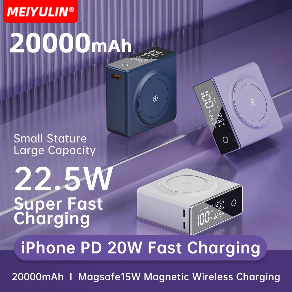 Wireless 20000mAh Power Bank Portable USB C PD20W Charger External Spare Battery Magnetic Powerbank For iPhone 15 Xiaomi Samsung