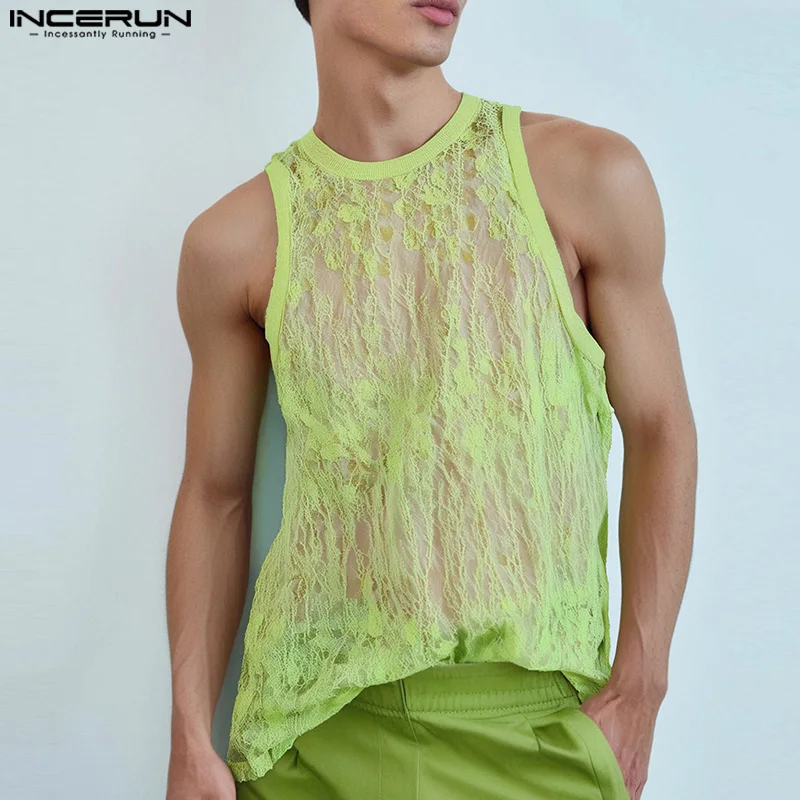 

INCERUN Men Tank Tops Floral Mesh Transparent Streetwear Sexy O-neck Sleeveless Male Vests 2025 Fashion Unisex Tops Men Clothing