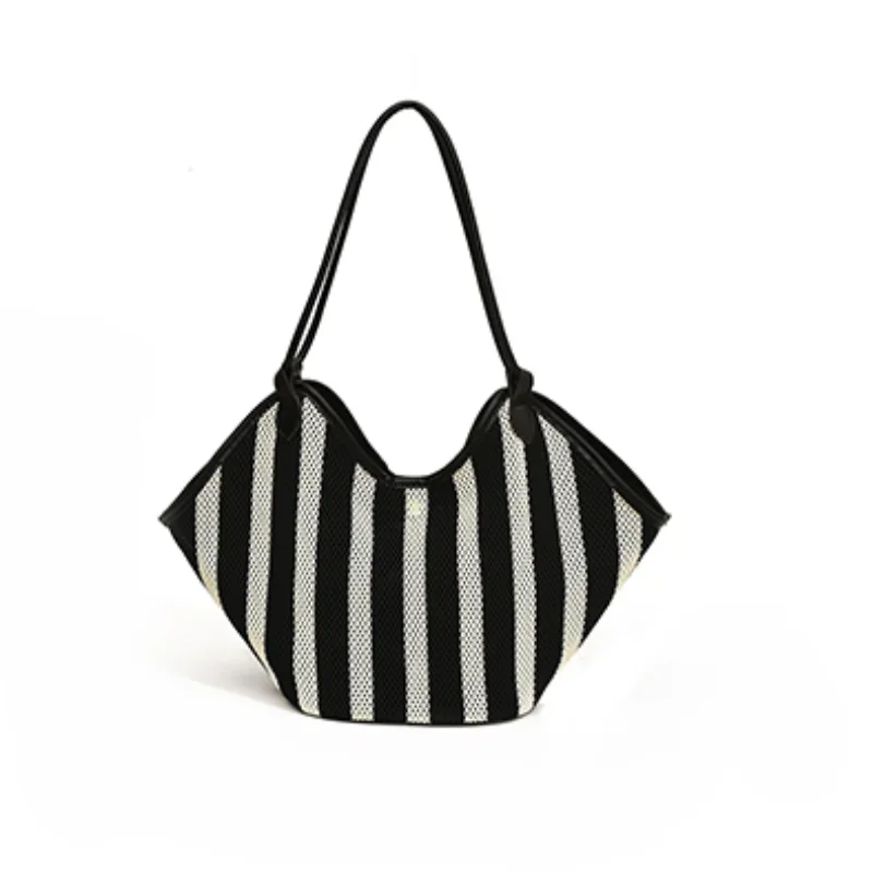 2024 Fashion Black and White Striped Weave Shoulder Bags New Large Capacity Casual Versatile Sense of Luxury Tote Bags for Women