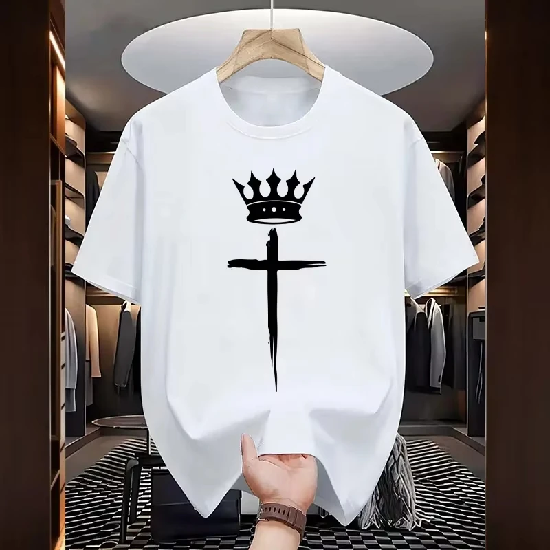 2026 Hot Sale Men's T-shirts High Quality Pure Cotton Tees Urban Casual Fashion Short Sleeve Top Cross Crown Pattern T-shirt