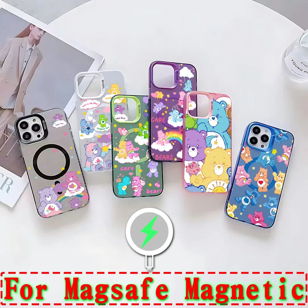 Cute R-Rainbows Bear Magsafe Magnetic Phone Case for IPhone 11 12 13 14 15 16 Pro Max Plus Creative Border Silver Plated Cover