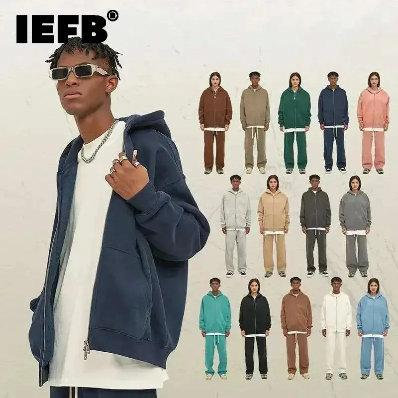 IEFB Men's Wear Male Hoodies Solid Color Winter Spring New Fashion Velvet Double Head Zippers Cardigan Loose Sweatshirt 9C9351