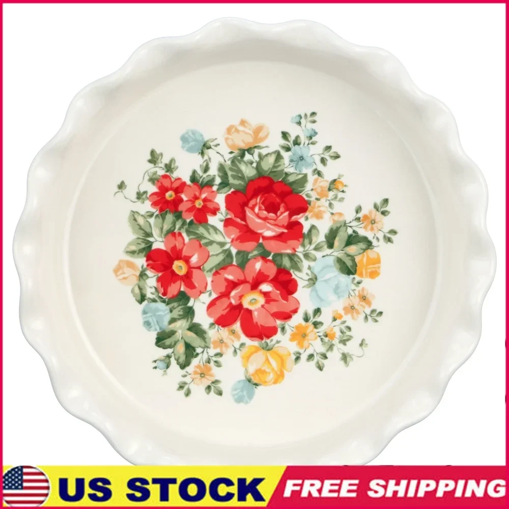 

9 Inch Stoneware Pie Dish Vintage Floral Design Scalloped Edge Bakeware Dishwasher Microwave Oven Safe Serving Plate