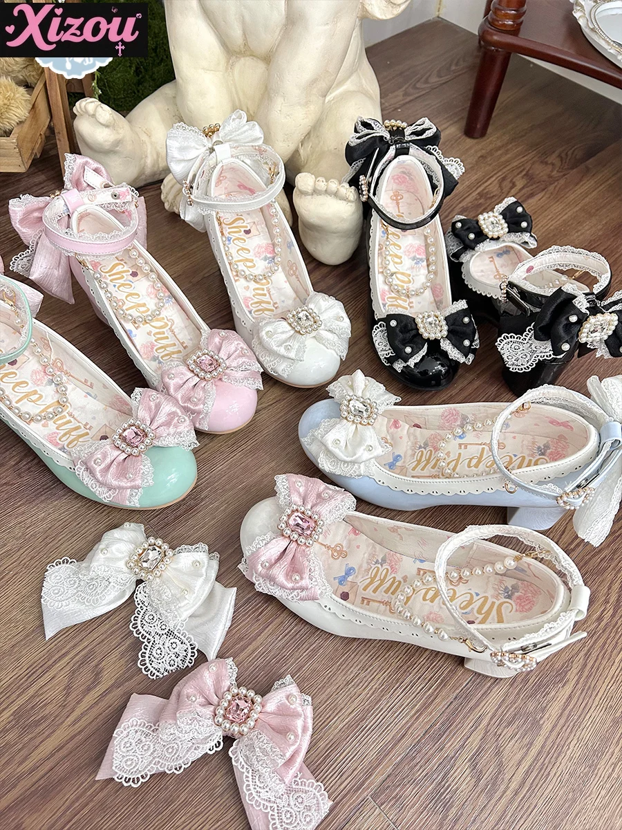Zapatos Kawaii japoneses dulces y bonitos de tacón alto para mujer, zapatos suaves con lazo de Lolita y diamantes de imitación, zapatos Mary Jane con perlas de tacón medio bajo