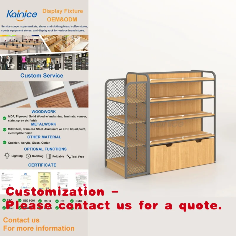 Customize.Kainice Supermarket Shelves System Wooden Gondola Metal Beauty Supply Display Racks Convenience Store Display Shelf wi