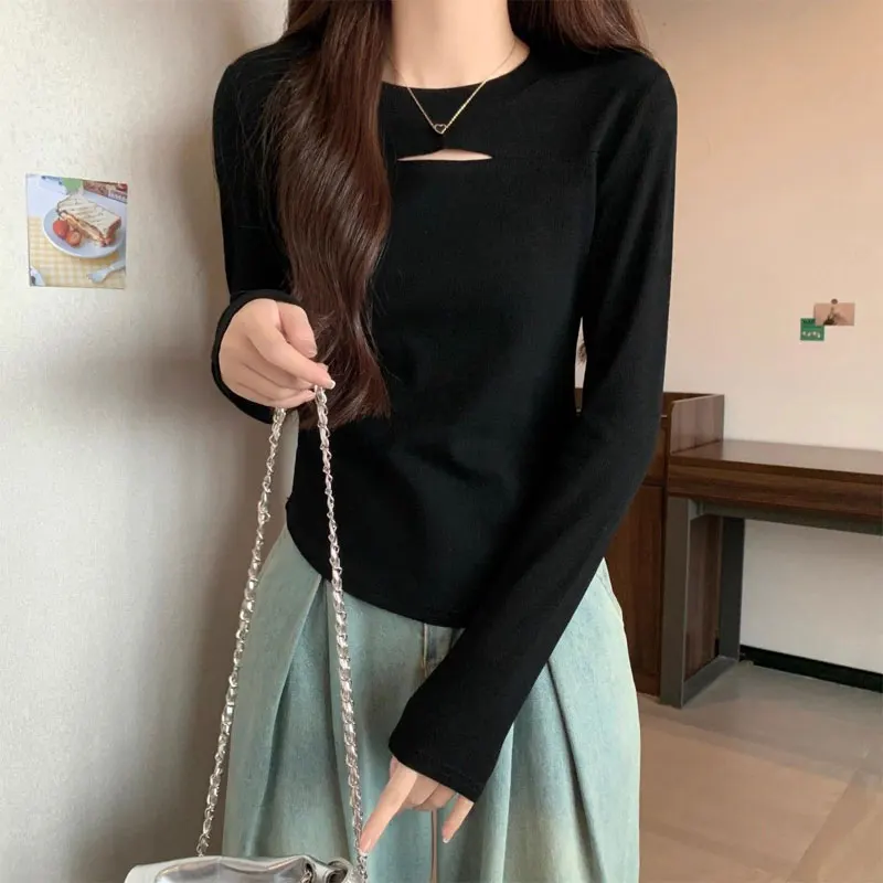 Casual Solid Color Pullovers Spring Autumn Stylish Hollow Out Female Clothing All-match O-Neck Slim Commute Long Sleeve T-shirt