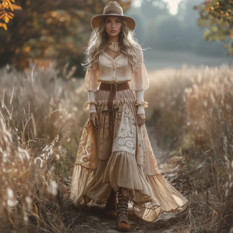 

Retro V-neck women's long-sleeved long skirt pastoral style dress