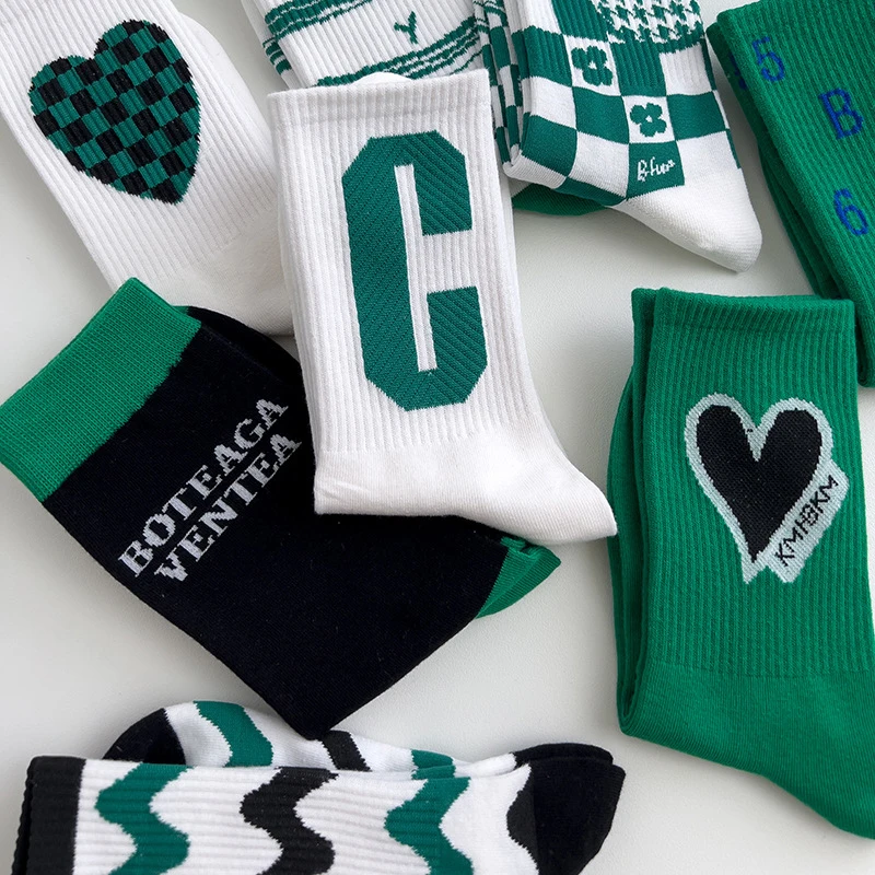 Fashion Green Plaid Socks Woman Ins Korean Style Letter Cute Socks Spring Summer Cotton White Long Socks Harajuku Calceines