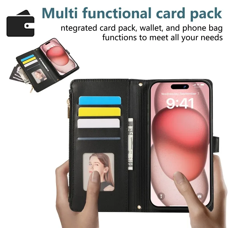 Umhängetaschen-Handyhülle aus Leder mit Handgelenkschlaufe für iPhone 16E 17 Ari 18 16 15 14 13 12 11 Pro Max 8 Plus, Brieftasche mit Kartenhalter. – Detail 6