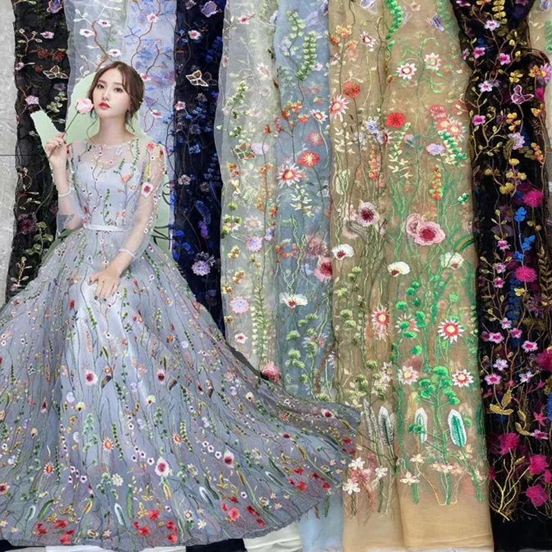 New 150*90CM Plants Flowers Encryption Fabric Wedding Dresses Embroidery Lace Colorful Soft Drape Diy Forest Dress Decoration