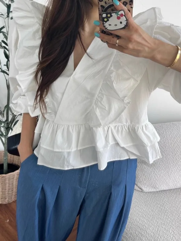 กระโปรงทรงเอวสูง จับจีบชาย ดีไซน์เก๋ไก๋ ทรงหลวม ใส่แล้วดูผอมเพรียว สไตล์หวานซ่อนเปรี้ยว ใช้ได้หลากหลาย พร้อมเสื้อแขนพอง ผ้าคอตตอนผสมโพลีเอสเตอร์