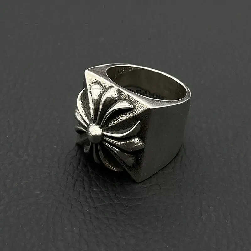 

S925 sterling silver high-end square cross flower ring European and American punk style personality hip-hop ring
