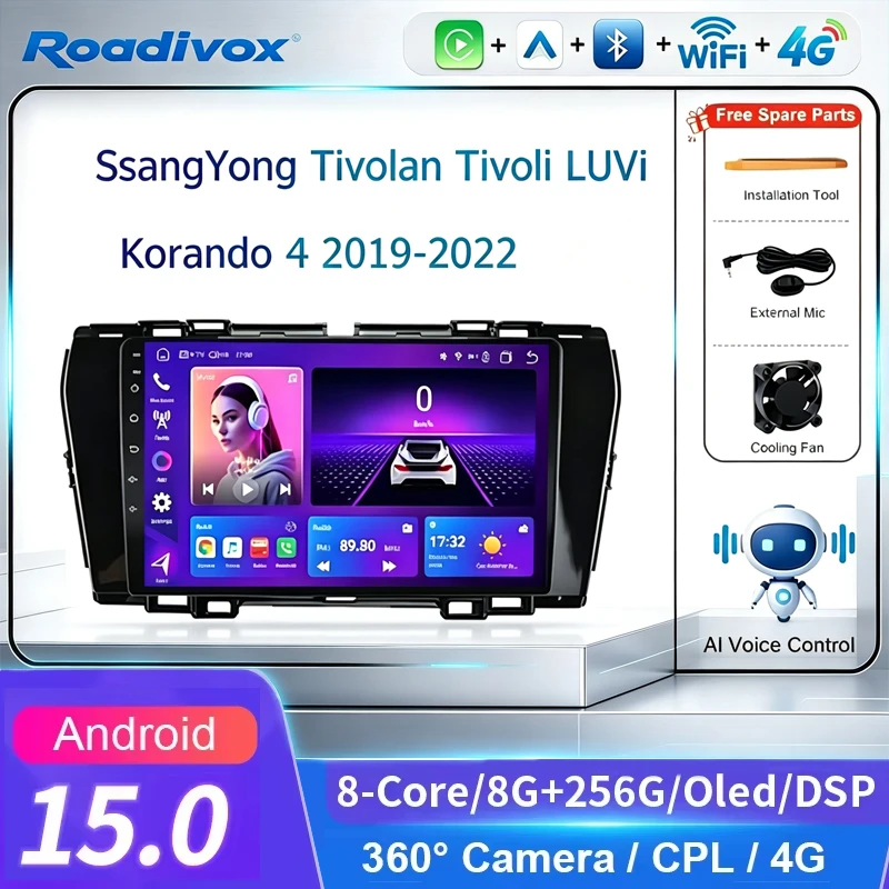 roadivox Android AI VOICE for SsangYong Tivolan Tivoli LUVi Korando 4 2019 2022 car radio GPS Navigation video Multimedia
