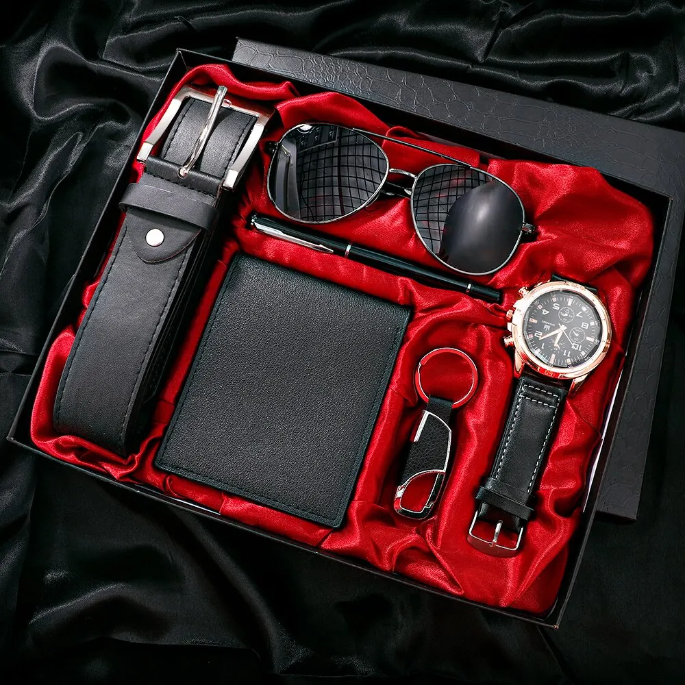 Men Gift Watch Business Luxury Company Mens Set 6 em 1 Watch Glasses Pen Keychain Belt Purse Bem-vindo Holiday Birthday