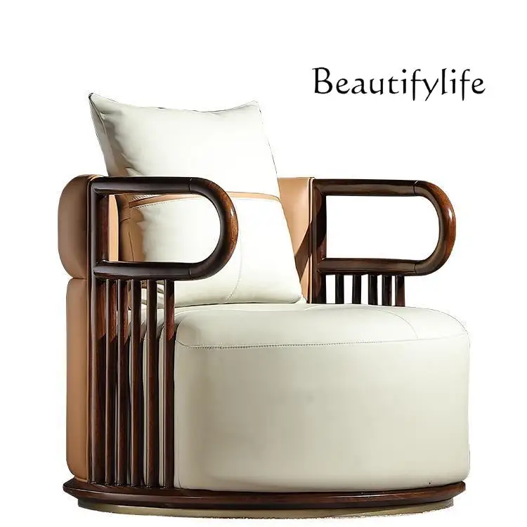 Modern New Chinese Style Ugyen Wood Leather Leisure round-Backed Armchair Oriental Aesthetic National Fashion Furniture