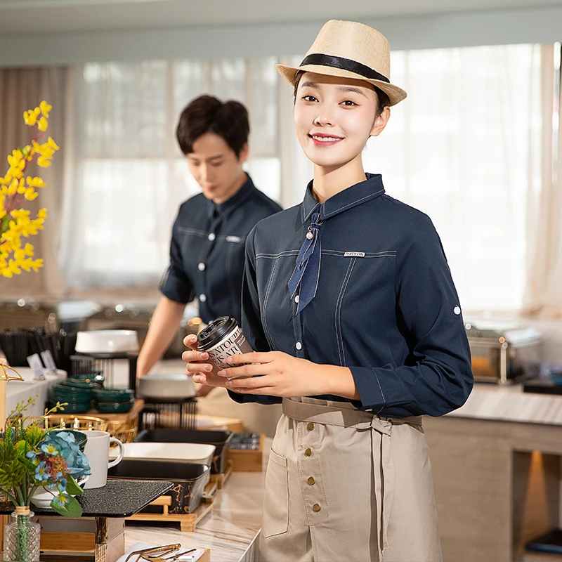 hotel-waiter-customized-work-clothes-restaurant-autumn-and-winter-women's-waitress-shirt-apron-set-hot-pot-shop-workwear