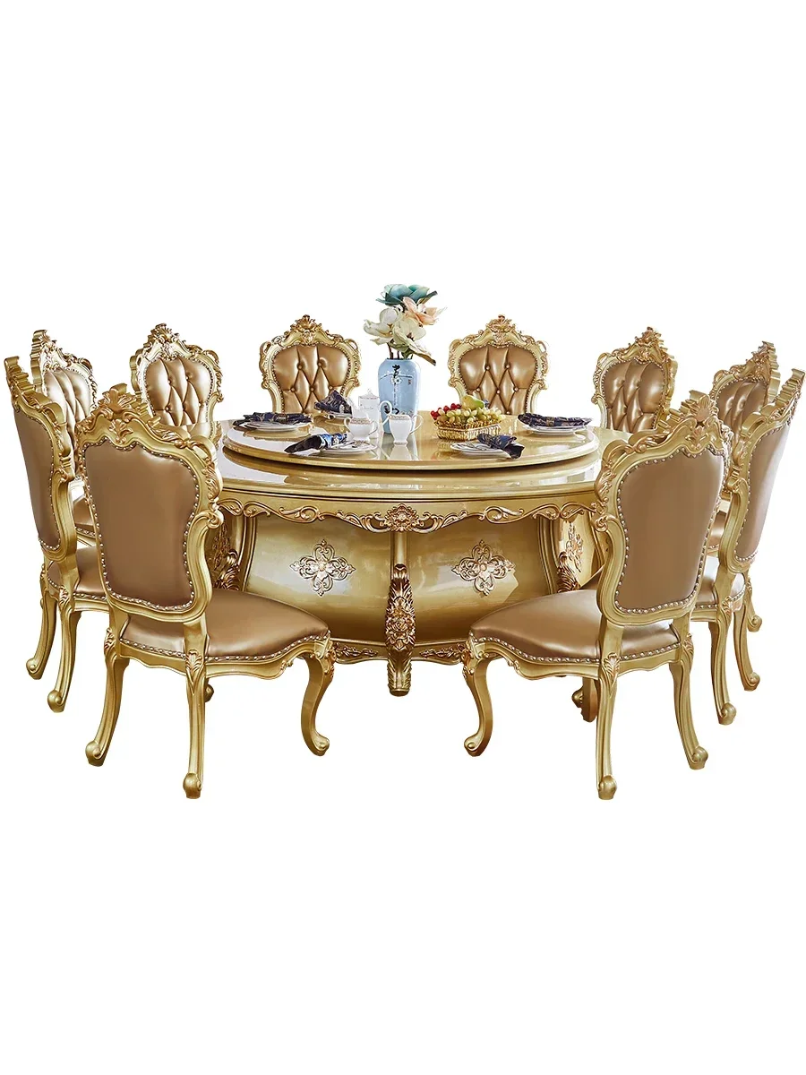 European solid wood large round marble family dining table Large villa hotel electric dining table