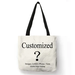 Bolsos personalizados personales, bolso de mano para mujer, bolso de lona de tela de lino con imágenes de logotipo impreso, bolsas de compras DIY, bolsos de hombro negros