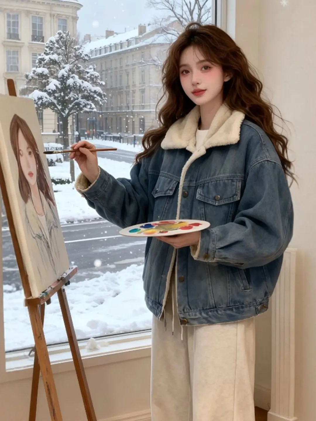 

Retro High-End Denim ort Jaet Faionable Thiened Fce Winter Outerwear Korean Sle Loose Fit Long Sve Pure Color
