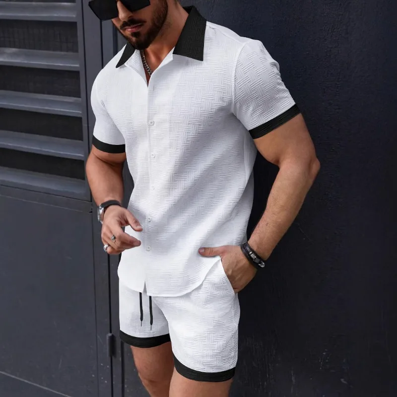 Men's Contrast Two-Piece Tracksuit Short Sleeve Polo Shirt Casual Sportswear Set
