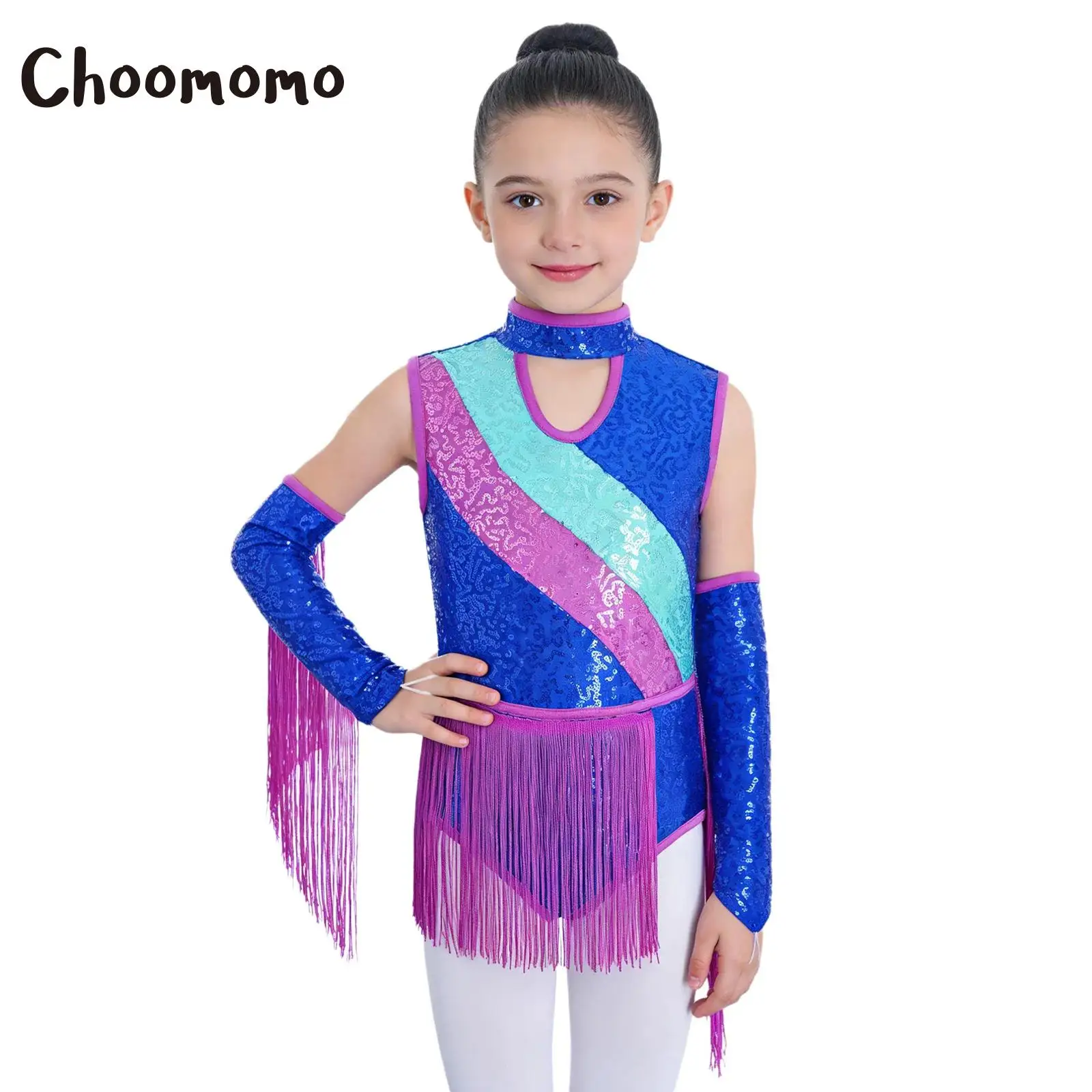 

Kids Girls Latin Dance Dress Sleeveless Color Block Sequin Tassel Leotard Jumpsuit +Fringed Gloves Cha-cha Samba Salsa Costume