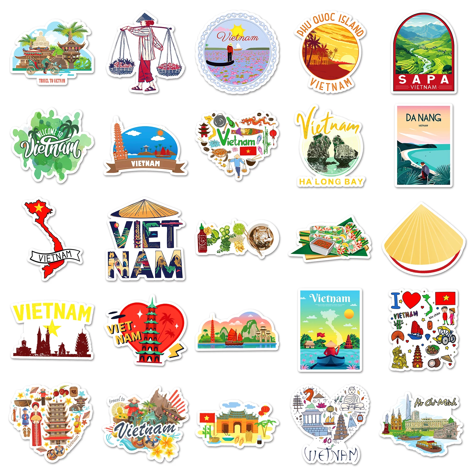 50Pcs Vietnam City Series Cartoon Cute Waterproof Sticker Skateboarding Snowboard Retro Vinyl Sticker