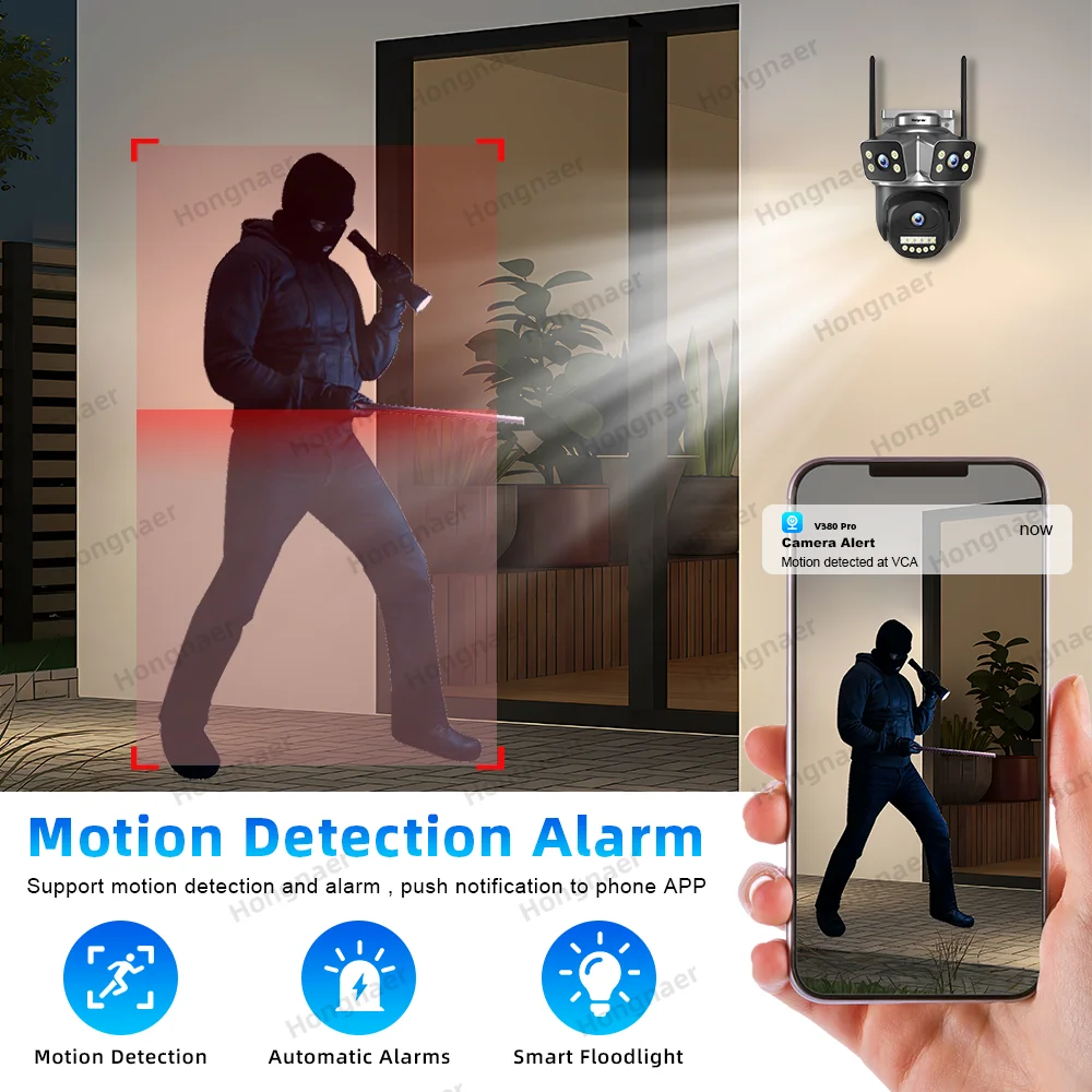 Hongnaer 12MP 6K Three Lens V380 Pro Night Vision Waterproof Outdoor PTZ IP CCTV WiFi Home Security Wireless Camera