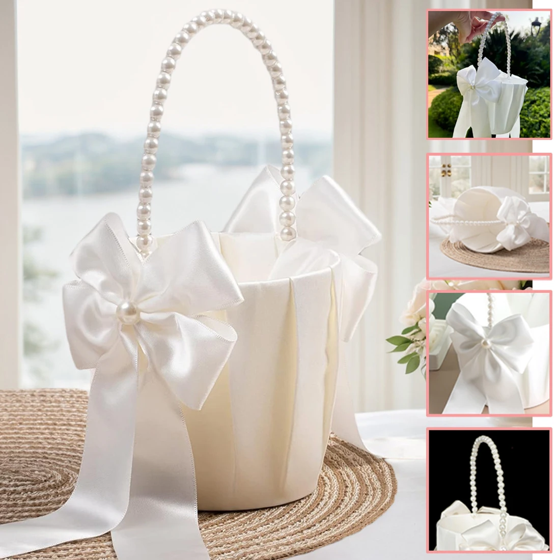 

1PC Wedding White Satin Bow Flower Basket Flower Carrying Basket with Pearl Handle Suitable for Bridesmaids and Flower Girls