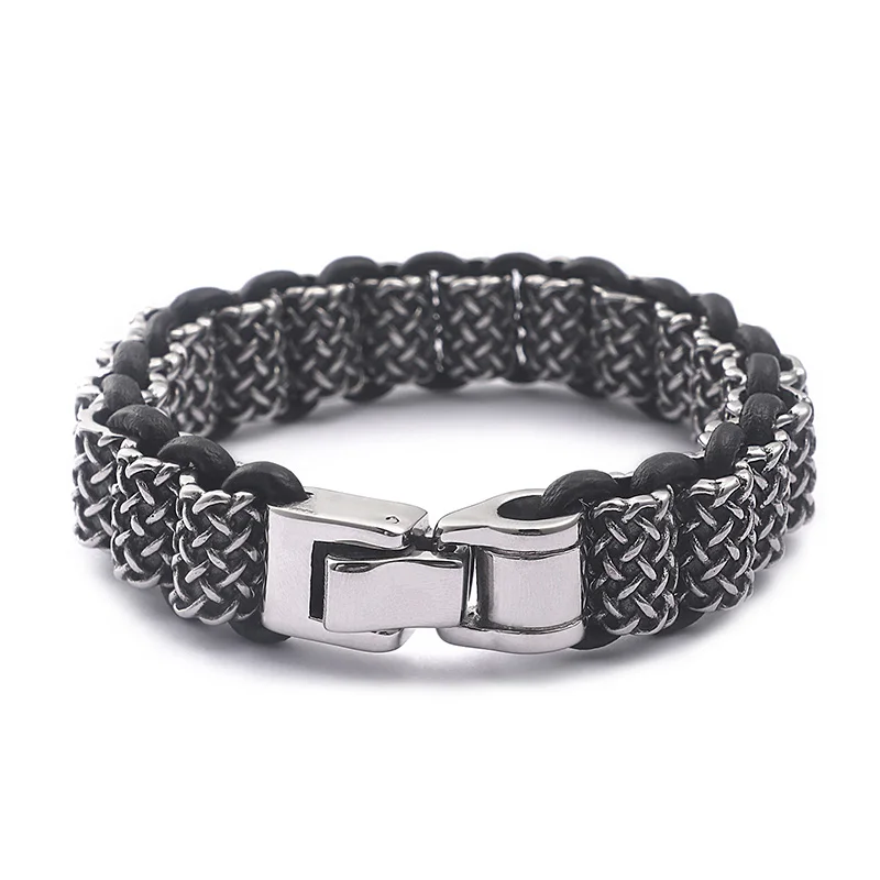 

Fashion Cool Men Punk Weave Chain Bracelet Titanium Steel Retro Color Black Weave Cross Twist Leather Bracelets Jewelry