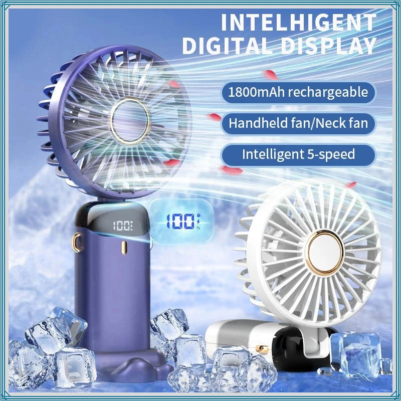 Ventilador portátil de mão 2026, mini ventilador dobrável de 5 velocidades com carregamento USB, para pendurar no pescoço, com suporte para celular integrado e tela de exibição.