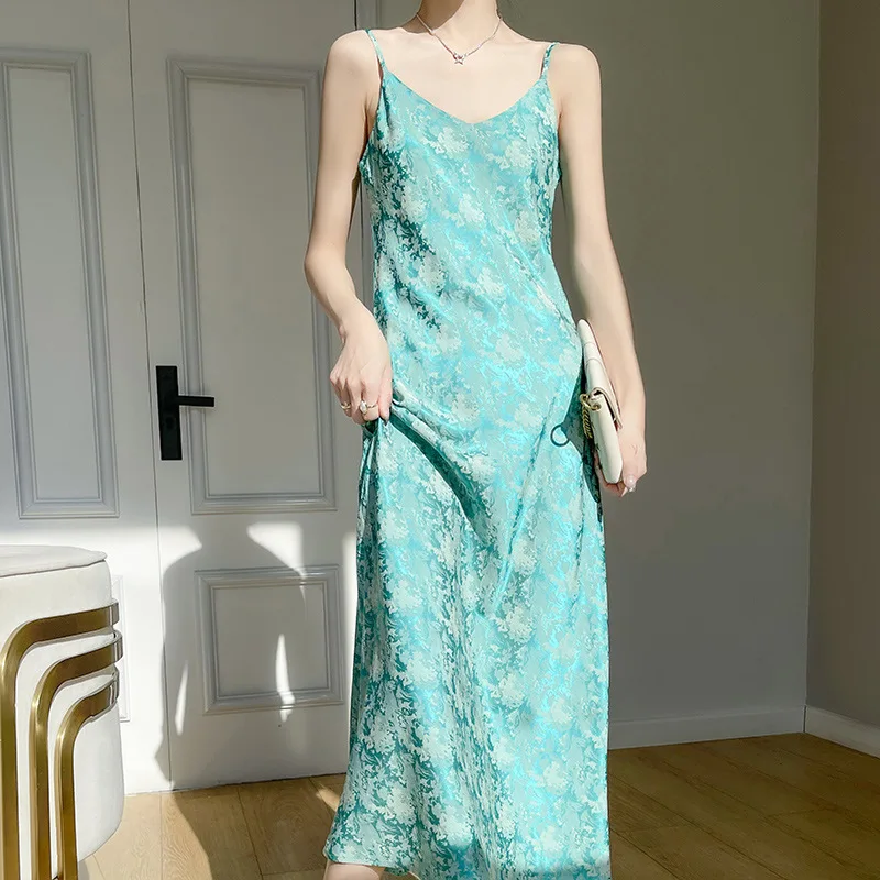 Spring and Summer New Satin Jacquard Spaghetti Straps Dress Women's Casual Solid Color Simple Midi