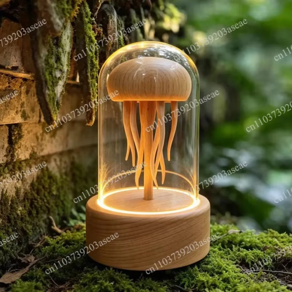 All solid wood jellyfish music box ornament moving jellyfish mechanical night light ornament wooden handicrafts creative toys