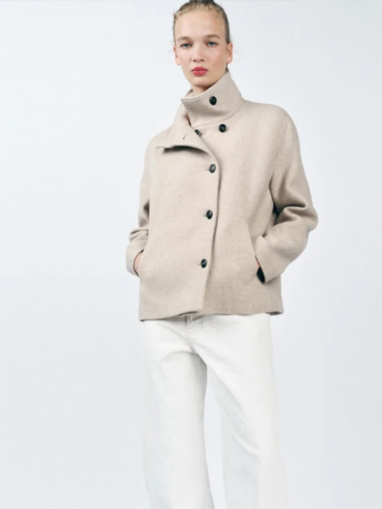 

Street Women's Short Woolen Coat Stand Collar Long Sleeve Single Breasted Pockets Jacket 2025 Autumn Lady Casual Commute Outwear