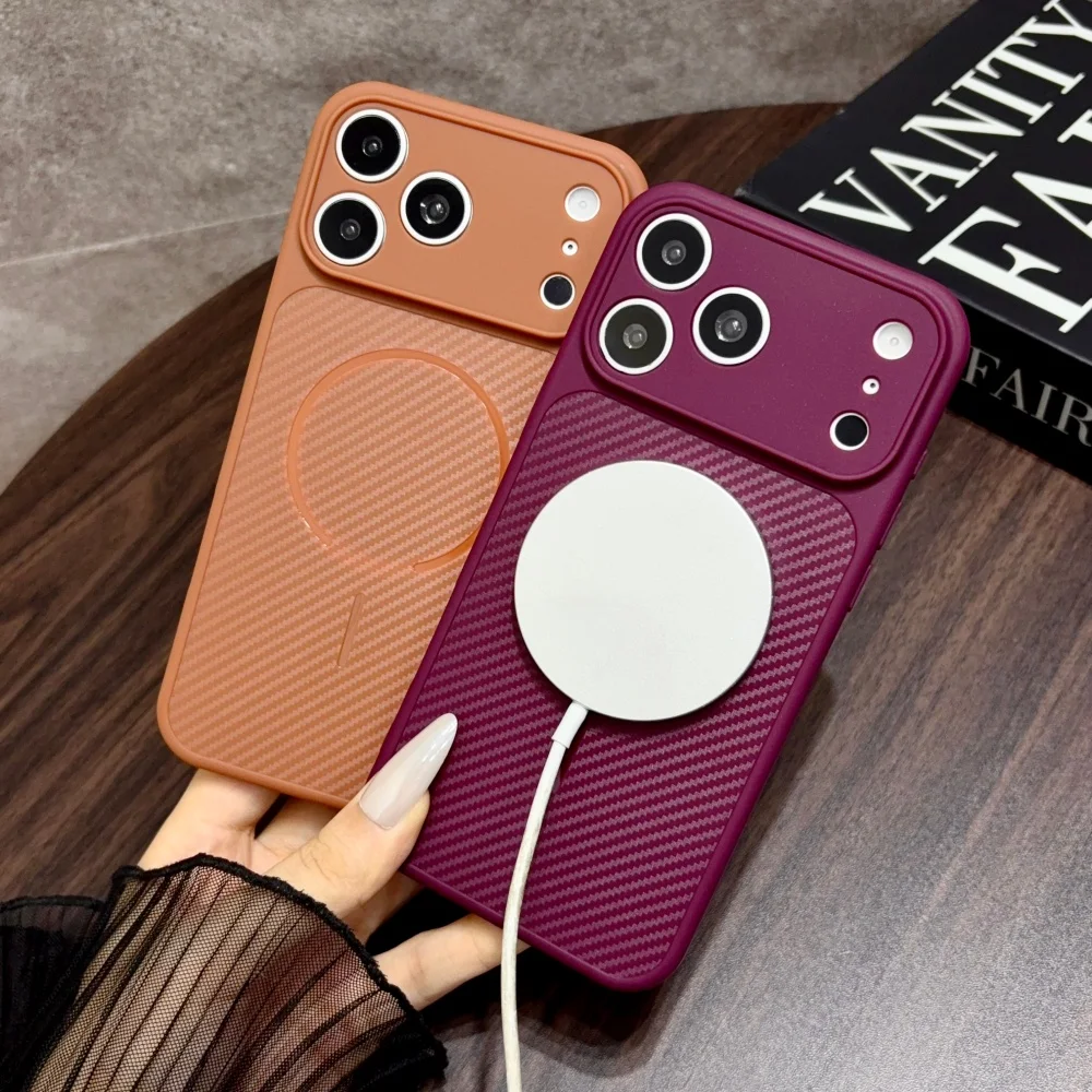 Luxury Retro Carbon Fiber Pattern For Magsafe Magnetic Case For iPhone 18 17 Air 16 15 14 13 Pro Max Plus Soft Silicone Cover view 3