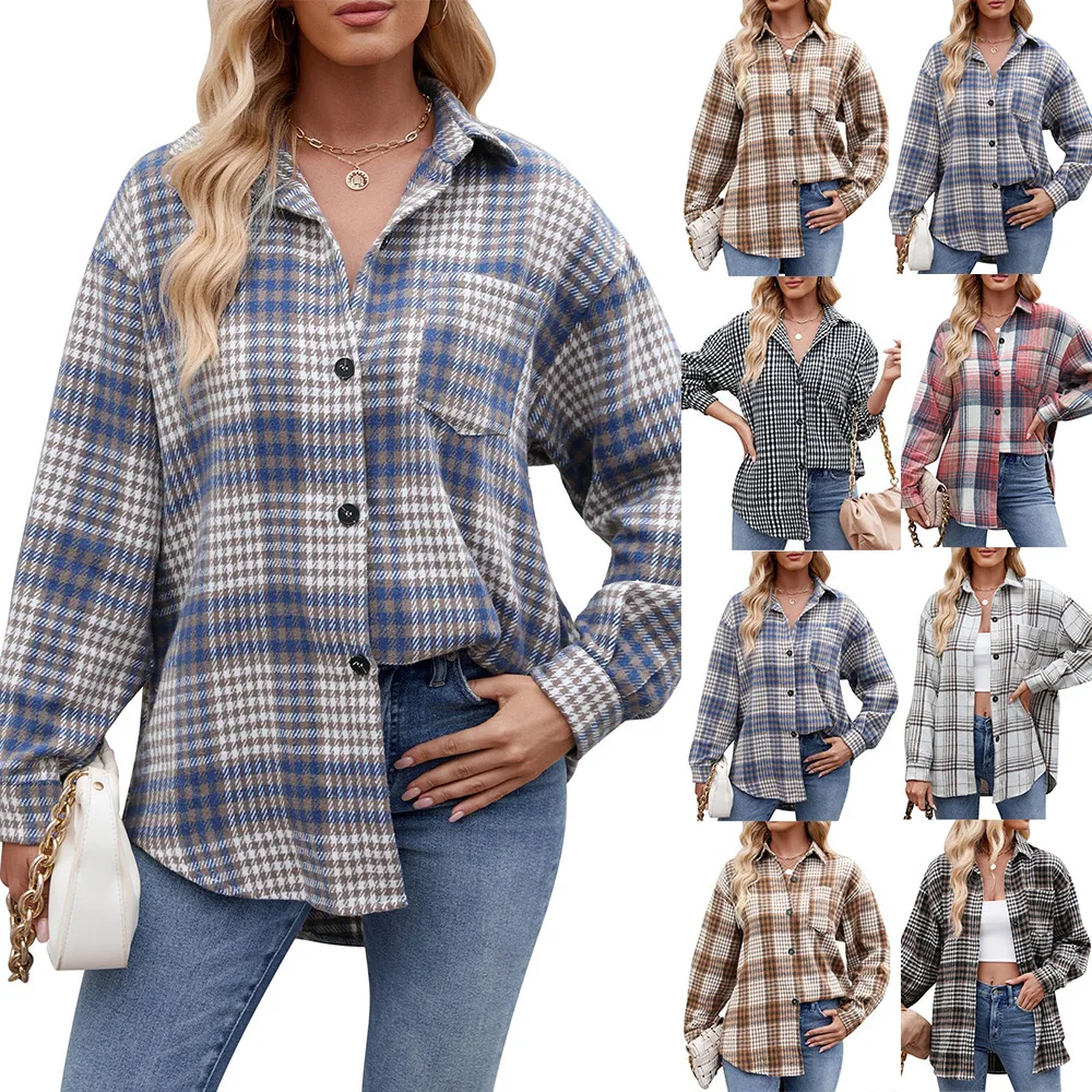 2024 Spring Autumn Women\'s Blouses Female Thousand Bird Plaid Button Down Flannel Shirt Women Casual Lapel Long Sleeve T-shirt