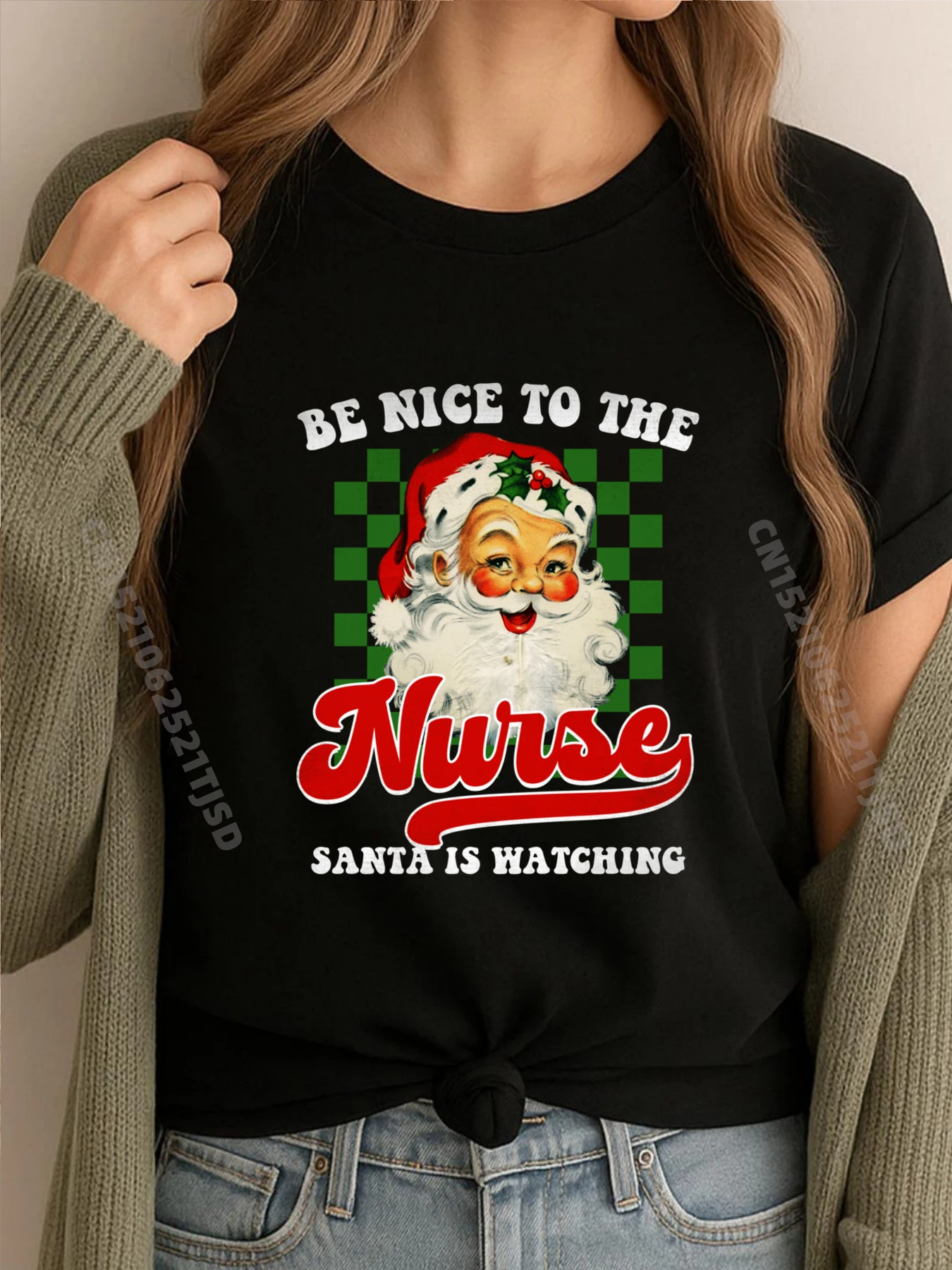 

Медсестра Рождество быть приятным медсестром Санта наблюдает за большими и высокими футболки Студенческая роскошная футболка