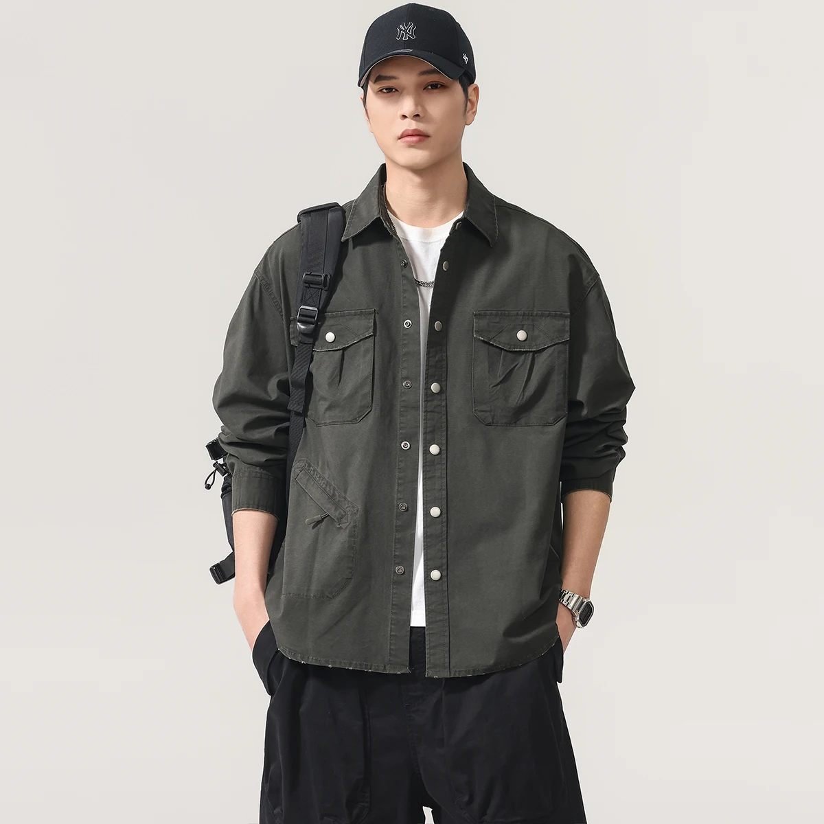 

Мужская рабочая рубашка в американском ретро-стиле, 100% хлопок, с эффектом потертости, свободного кроя, с длинным рукавом, повседневная куртка для весны и лета