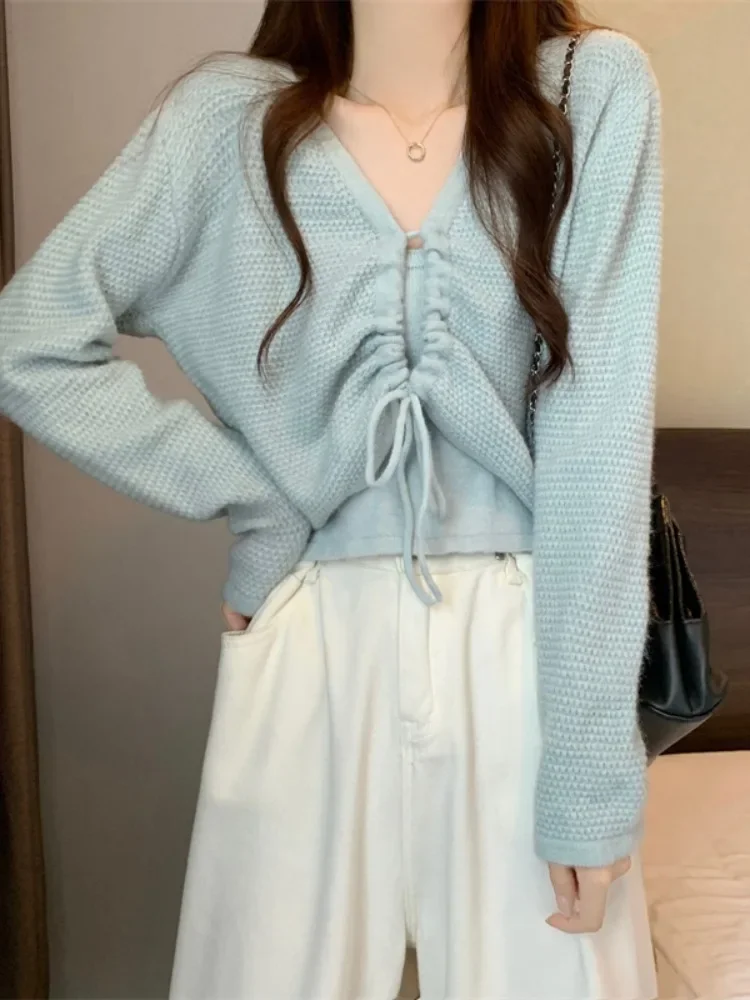 Kimotimo Knitted Two Piece Sets Women Solid V Neck Drawstring Short Pullover + Sweater Vest 2024 Autumn Simple Sweet Y2k Tops