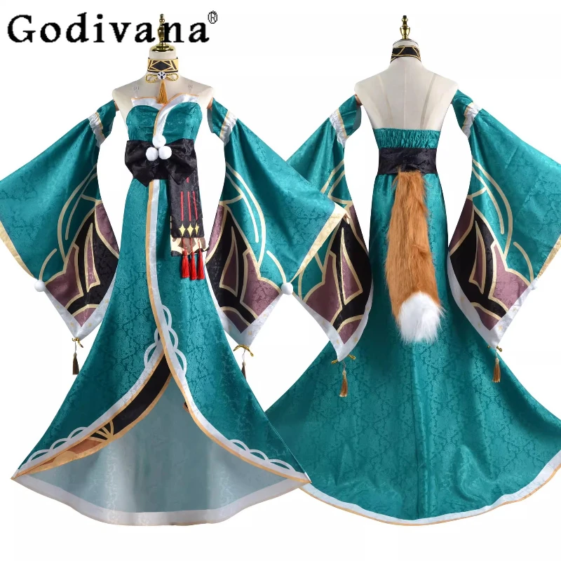 Accessori per capelli e tuta da coda per donna Abiti di carnevale con parrucca Costumi cosplay Set di abiti lunghi di Halloween femminili