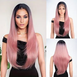 Synthetic Lace Wig Straight Lace Front Wigs 26 inch Ombre Blonde Pink Wigs For Women Cosplay Daily Wigs Heat Resistant Fibre