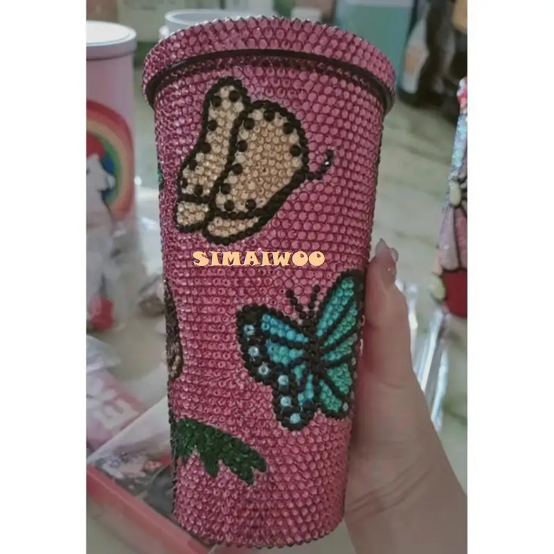 Manual Affixed Mosaic Art Jungle Leopard Butterfly Cystal Straw Cup Stainless Steel Vacuum Diamond Painting Popular Bling Gift