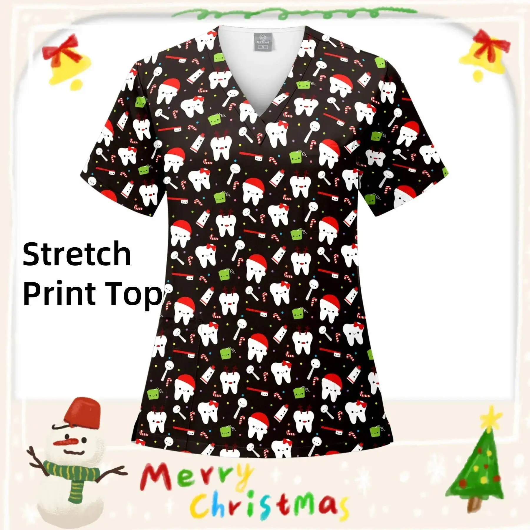 

Christmas Print Surgery Top Women With Pocket V-Neck Scrub Spa Caring T-Shirt Pet Grooming Surgical Nurse Scrubs Uniform