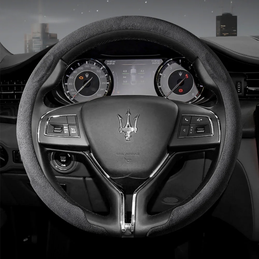 Suitable for Maserati Faux Suede Steering Wheel Cover with Snap-On Installation, Non-Slip and Durable, Ghibli Levante Quattroporte Grecale Granturismo Grancabrio Mc20 Mcpura Sports Style Car Interior Accessories