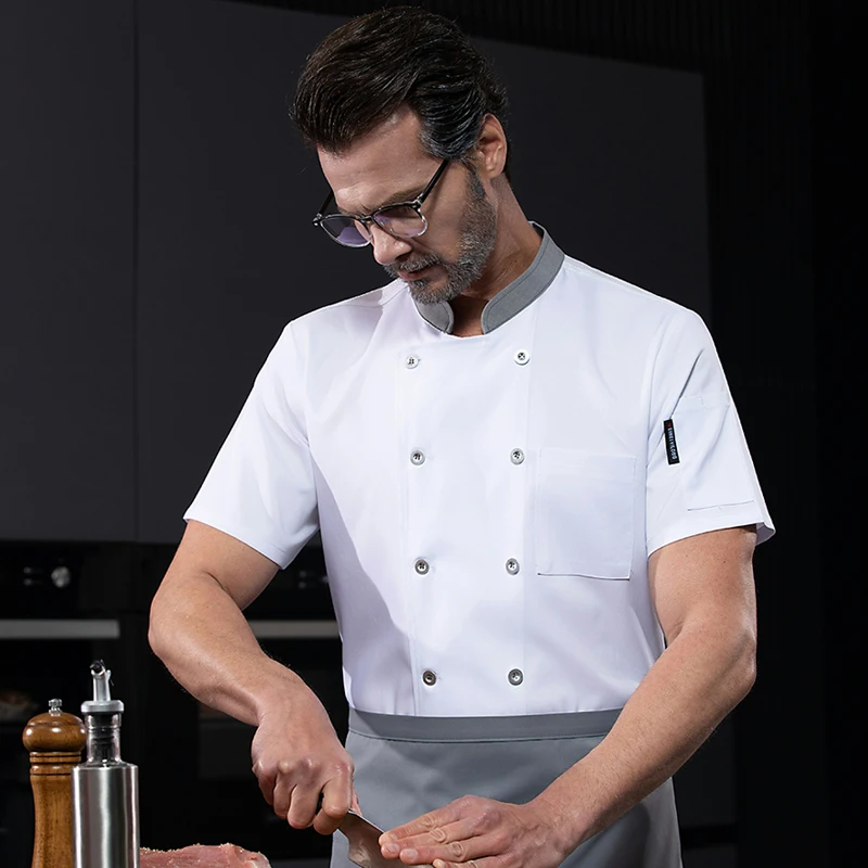 Nueva chaqueta de Chef delantal, camisas para hombre, abrigo de Chef de manga corta, uniforme de cocina, restaurante, panadería, disfraz de Hotel, ropa de cocina