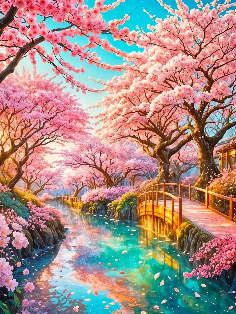 Ölgemälde nach Zahlen, Kirschblüten-Flusslandschaft, DIY-Zahlenmalerei auf Leinwand, Bilder nach Zahlen, Heimdekoration, große Größe