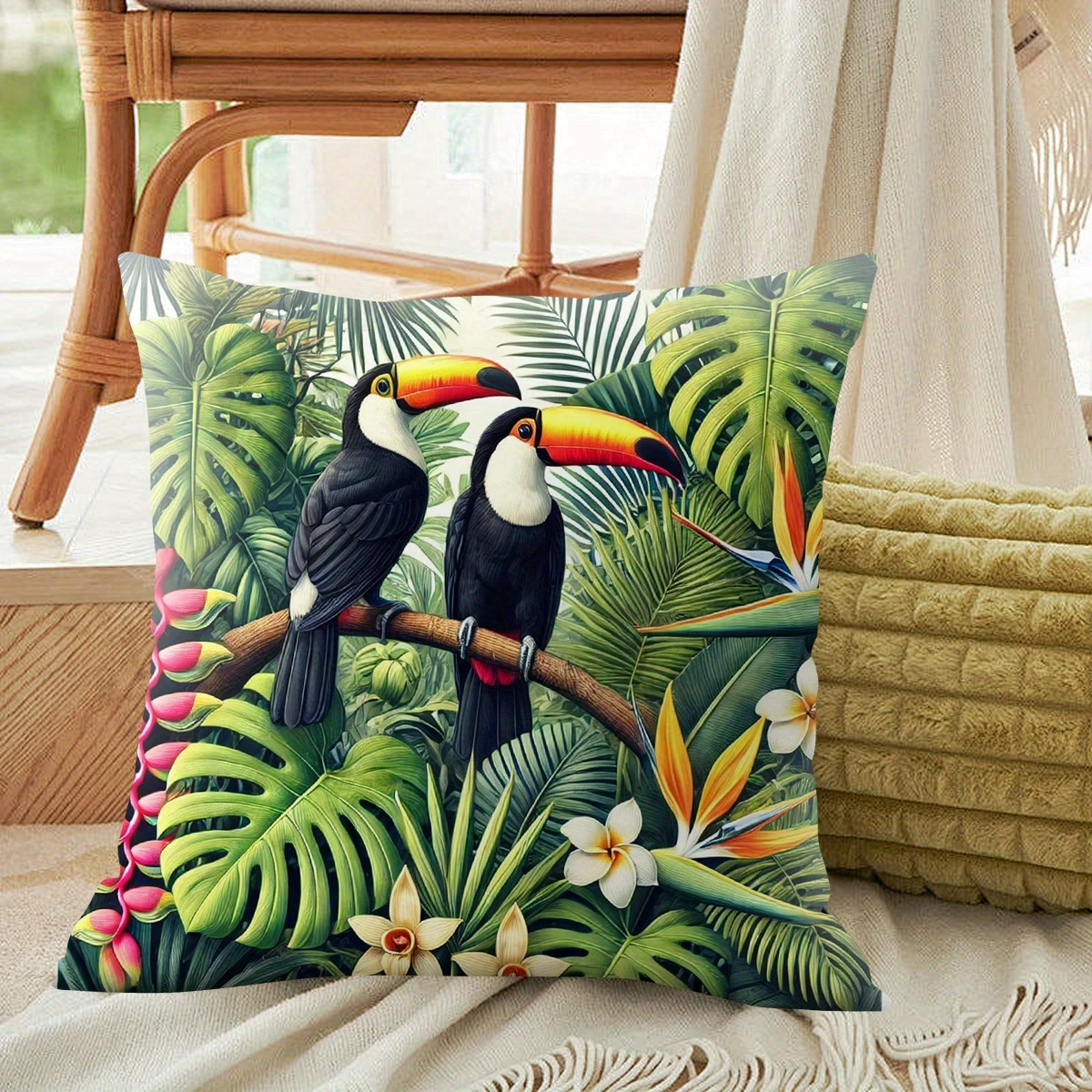 Housse de coussin plate 2D avec motif de toucan de la forêt tropicale, housse de coussin florale botanique de la jungle pour la décoration de la maison
