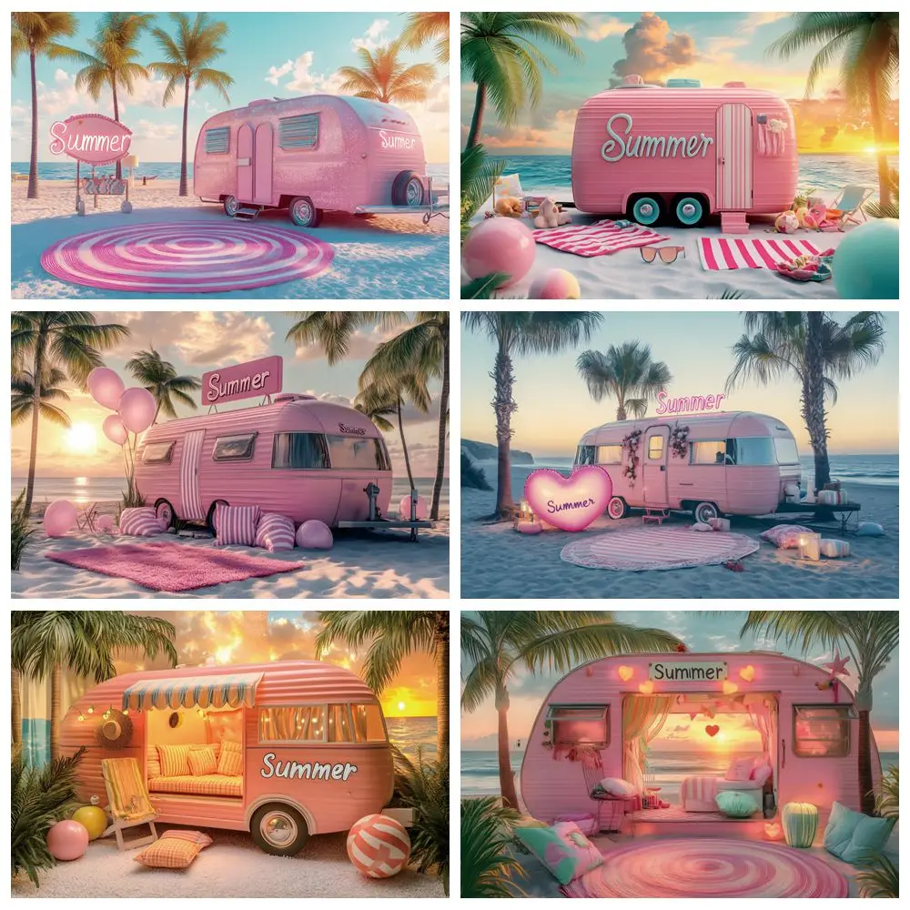 夏の写真の背景,海辺,ビーチ,日没,ピンク,バン,ヤシの木,休暇,写真スタジオ,撮影アクセサリー